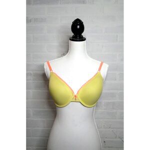 Victoria's Secret Padded Perfect Coverage‎ Bra 36D Yellow W/ Pink  Lace Trim